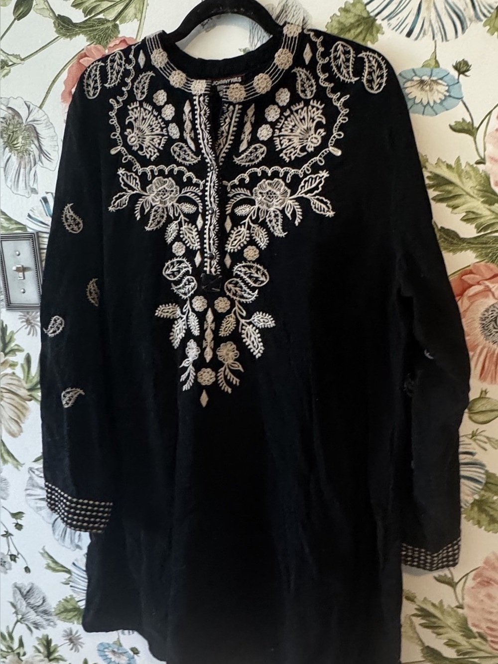 Johnny Was Workshop Large Black Floral Embroidered Corduroy Tunic Dress Boho